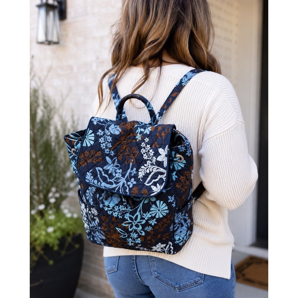 Vera Bradley Java  Floral Quilted Drawstring Backpack Brown Blue Retired W/tags